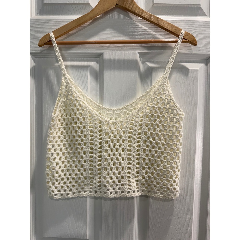 Crochet Crop Top Cream V-Neck Boho Open Knit Festival Cami Sleeveless Coverup
